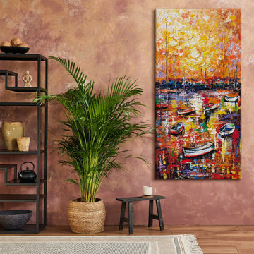 Abstract framed wall art with boats - Colorful handmade painting "The Wharf"