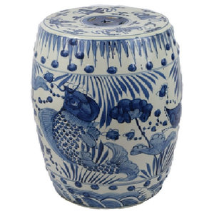 Chinese Blue and White Porcelain Garden Stool Round Foo Dog Lion Motif 18"