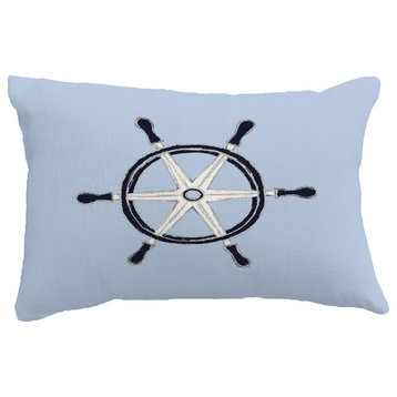 Ship Wheel Geometric Print Throw Pillow With Linen Texture, Blue, 14"x20"