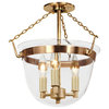 Small Semi Flush Classic Bell Lantern In Clear Glass, Rubbed Brass