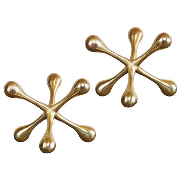 Luxe Modern Gold Jacks Sculpture Set 2 Atomic Burst Mid Century Abstract Brass