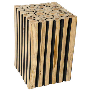 Contemporary Wooden Plank Drum Table Metal Top Home Accent Decor Square Tronco Side Table