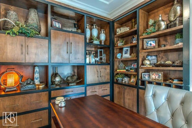 Study room - small freestanding desk study room idea in Houston with beige walls