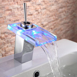 Contemporary Single Handle Chrome Waterfall LED Bathroom Sink Faucet - T0818-1F - Bathroom Sink Faucets