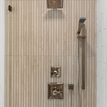 Brushed Brass Shower Fixtures with Vertical Tile