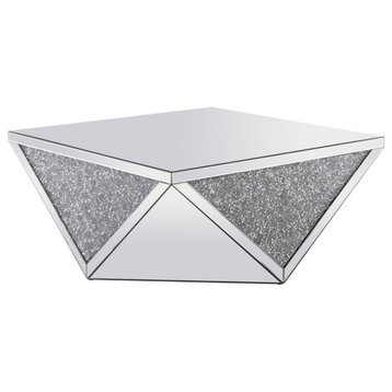 Elegant Decor Modern 38" Square Polygonal Silver Crystal Mirrored Coffee Table