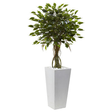 52" Ficus Tree With White Planter, UV Resistant, Indoor and Outdoor, Green