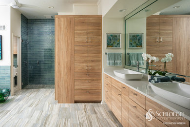 Design ideas for a modern master bathroom in Kansas City with flat-panel cabinets, light wood cabinets, blue tile, ceramic tile, ceramic floors, a vessel sink, engineered quartz benchtops, white benchtops, a double vanity and a floating vanity.