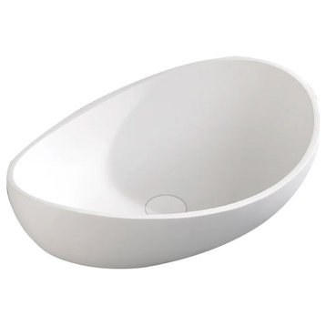 Bathroom Stone Resin Oval Vessel Sink Modern Art Sink with Pop Up Drain, Glossy White
