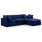 Meridian Furniture - Indulge Upholstered Modular L-Shaped Sectional, Navy, 4-Piece: 1 Armless Chair, 2 Corner Chair, 1 Ottoman, Down Stuffed Velvet - Experience ultimate comfort and style with our navy velvet Indulge Sectional. The luxurious velvet will elevate the aesthetic of any room. This sofa provides ample space for you to relax while its modular build offers the option of unlimited configurations. Whether you're looking to add a stylish element to your living room or a comfortable seating option to your bedroom, this sofa is the perfect choice.