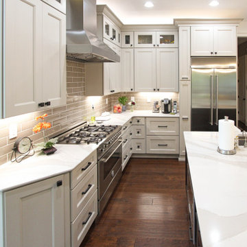White Kitchen with Espresso Island, Galley Sink, Cambria Britannica Countertop