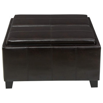 Contemporary Storage Ottoman, PU Leather Upholstery & 2 Flip Over Trays, Brown