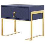 Homary - Modern Upholstered Nightstand with Drawer Gold Metal Base Bedside Table, Blue - Add a sense of modern style to your home with the beautiful and functional 1-drawer nightstand. Featuring a sharp silhouette with rhombus tufted detailing and drop-shaped handle, it is truly the icon of modern style. Comes with a rectangular surface, it allows you heartily to display your table lamp, alarm clock and frame photo. While the pull-out drawer creates enough space to place things in reach while you are on a voyage of deep sleep. Constructed from rich materials, including PU leather, foam, solid and manufactured wood and stainless steel, this wonderful nightstand is ready to up your bedroom for years to come.