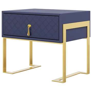 Modern Upholstered Nightstand with Drawer Gold Metal Base Bedside Table, Blue