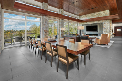 Large trendy porcelain tile and gray floor great room photo in Calgary with white walls, a ribbon fireplace and a stone fireplace