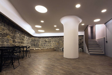 Ejemplo de sótano con ventanas industrial de tamaño medio con paredes grises, suelo vinílico y suelo marrón
