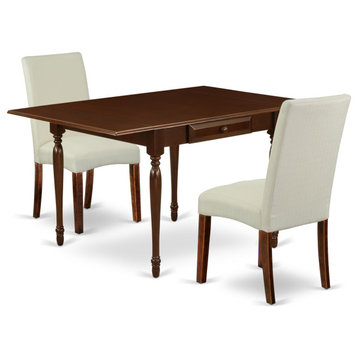 3-Piece Table Set Table, 2 Parson Dining Chairs-Cream Fabric, Drop Leaf Table