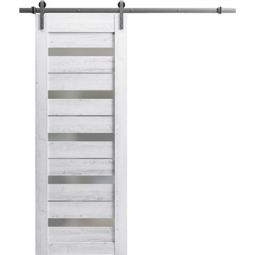 Barn Door 36 x 84, Quadro 4445 Nordic White & Frosted Glass, Silver 6.6FT