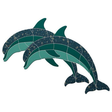Crystal Double Dolphins Ceramic Swimming Pool Mosaic 25"x18", Teal