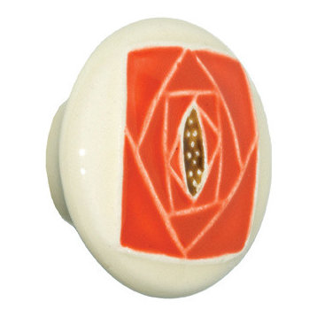 Round Ceramic Rose Knob, White and Orange