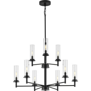 Transitional Chandelier, Matte Black Metal Body With 9 Cylindrical Glass Shades