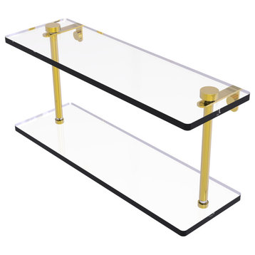 16" Two Tiered Glass Shelf, Polished Brass