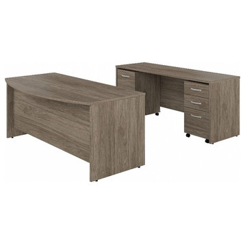 Bowery Hill 72W Desk Set with File Cabinets in Modern Hickory - Engineered Wood