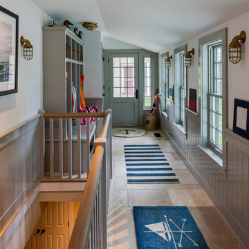Mudroom Entry with Grey Built In Lockers - Cranberry Cottage  -Custom Home Renov