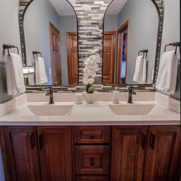 Guest Bathroom with Mosaic Tile on Above Vanity, Cultured Marble Countertop