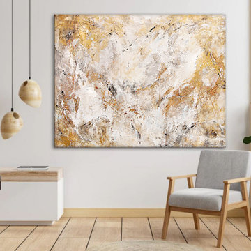 Large Abstract Textured Painting in Neutral Colors and Gold Leaf Foil