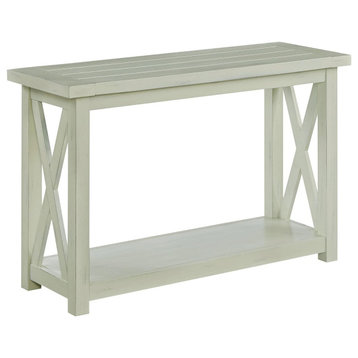 Farmhouse Console Table, X-Shaped Sides With Bottom Shelf & Plank Top, Off White