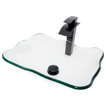 Clear Scalloped Tempered Glass Vessel Bathroom Sink Combo with Faucet and Drain, Oil Rubbed Bronze
