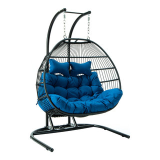 LeisureMod Black Wicker 2 Person Hanging Egg Swing Chair