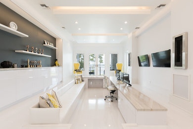 Transitional white floor home office photo in Orlando with blue walls