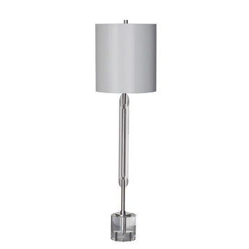 Clear Crystal Metal Table Lamp With White Shade, Polished Nickel