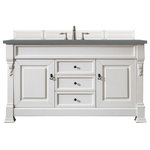 James Martin Vanities - Brookfield 60" Single Vanity, Bright White w/ 3 CM Cala Blue Quartz Top - The Brookfield 60" Bright White single vanity by James Martin Vanities features hand carved accenting filigrees and raised panel doors. Two doors on either side, open to shelves for storage below. Three center drawers, made up of a lower double-height drawer and both middle and top short-length standard drawers, offer additional storage space. Antique brass finish door and drawer pulls. Matching wood backsplash is included. The look is completed with a 3cm eased edge Cala Blue Quartz top with a white solid surface rectangular sink.