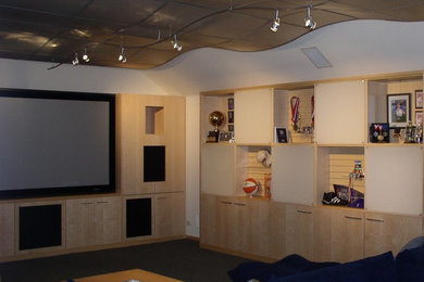 Photo of a mid-sized contemporary enclosed home theatre in Sacramento with a projector screen.