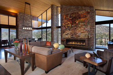 Large trendy open concept concrete floor and gray floor living room photo in Phoenix with brown walls, a ribbon fireplace, a stone fireplace and no tv