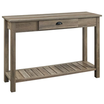 Rustic Console Table, Slatted Lower Shelf & Pull Out Storage Drawer, Gray Wash