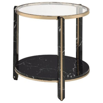 End Table, Clear Glass, Faux Black Marble and Champagne Finish