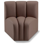 Meridian Furniture - Arc Upholstered Modular Component, Brown, 1-Piece: Curved Corner, Vegan Leather - Unleash modern opulence with the Arc Vegan Leather Curved Corner. Crafted for the modern connoisseur, this chair injects an air of refined luxury into any space. Its sleek silhouette, upholstered in supple brown vegan leather, exudes timeless sophistication while the deep channel tufting adds textural intrigue, further elevating the chair's visual appeal. The modular design makes it a versatile chameleon, effortlessly adapting to your evolving needs and preferences. Whether you envision it gracing a chic living room corner, basking in the glow of a bedroom window, or adding a touch of drama to a home office, the Arc seamlessly complements your unique interior aesthetic.