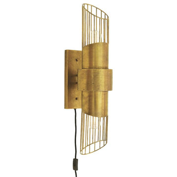 Art Deco Antique Gold 2 Light Wall Sconce 30 in Minimalist Metal Cage Double