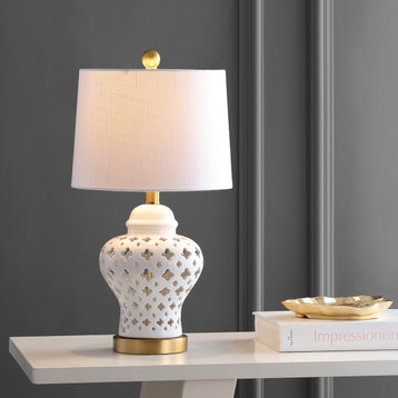 Quatrefoil Fretwork 20.5" Ginger Jar Ceramic and Metal LED Table Lamp, White