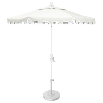 9' Matte White Greek Key Patio Umbrella With Ribs and Tassels, Natural