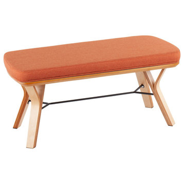 Folia Mid-Century Modern Bench, Natural Wood/Orange Fabric