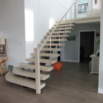 Steel Mono Stringer & Butcher Block Treads w/ Cable Rail