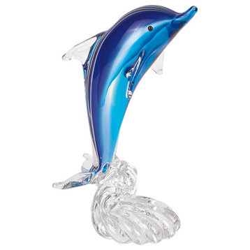 Murano Style Art Glass Dolphin Riding A Wave Sculpture