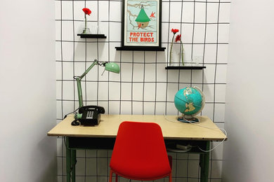Home office - 1950s freestanding desk carpeted and wallpaper home office idea in Santa Barbara