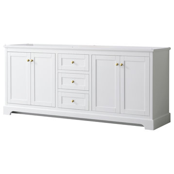 Avery 80" White Double Vanity, No Counter, No Sinks, Gold Trim