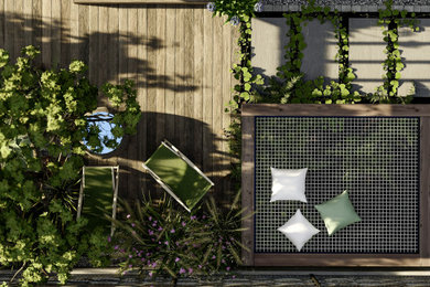 Foto de jardín de estilo de casa de campo de tamaño medio en verano con pérgola y exposición total al sol